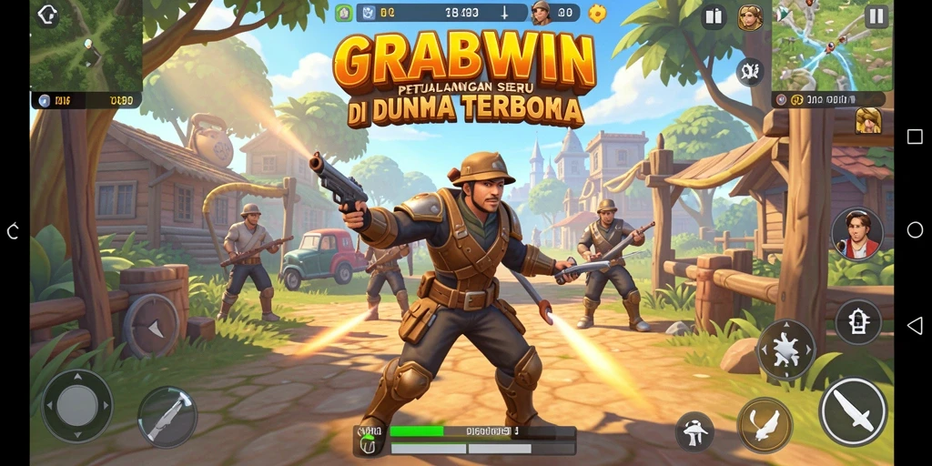 Tangkapan layar menunjukkan aksi seru dalam dunia terbuka GRABWIN.