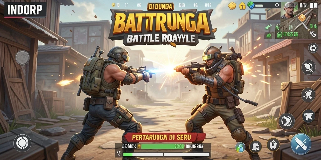 Screenshot utama INDORP menunjukkan aksi seru dalam pertempuran Battle Royale.