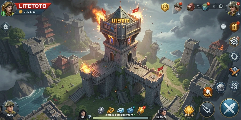 Tangkapan layar gameplay LITETOTO menunjukkan pertarungan menara strategis.