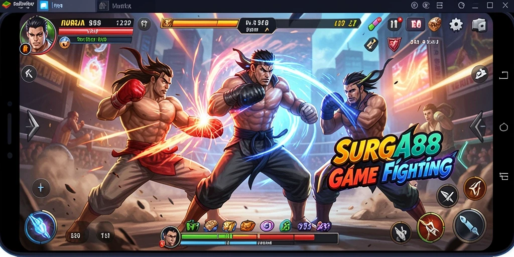 Tampilan gameplay <strong>SURGA88</strong> yang menampilkan pertarungan intens antar karakter.